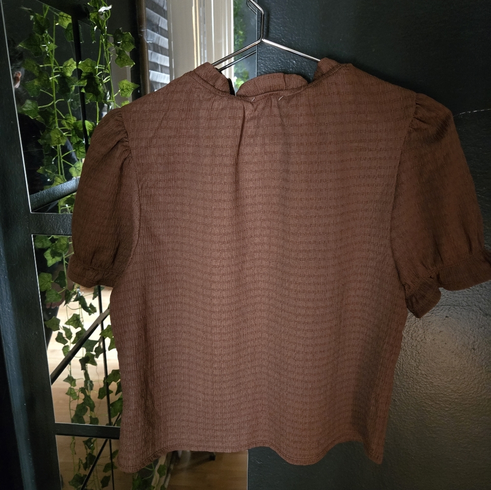 Monteau Brown Ruffled Cropper Blouse Size L - Picture 2 of 6